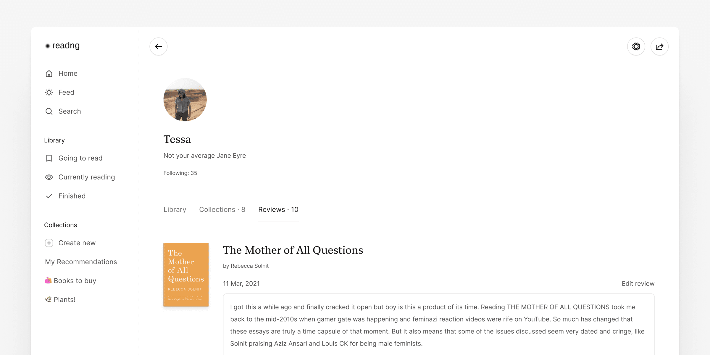 Desktop size screenshot of tessa's reviews on her Oku profile