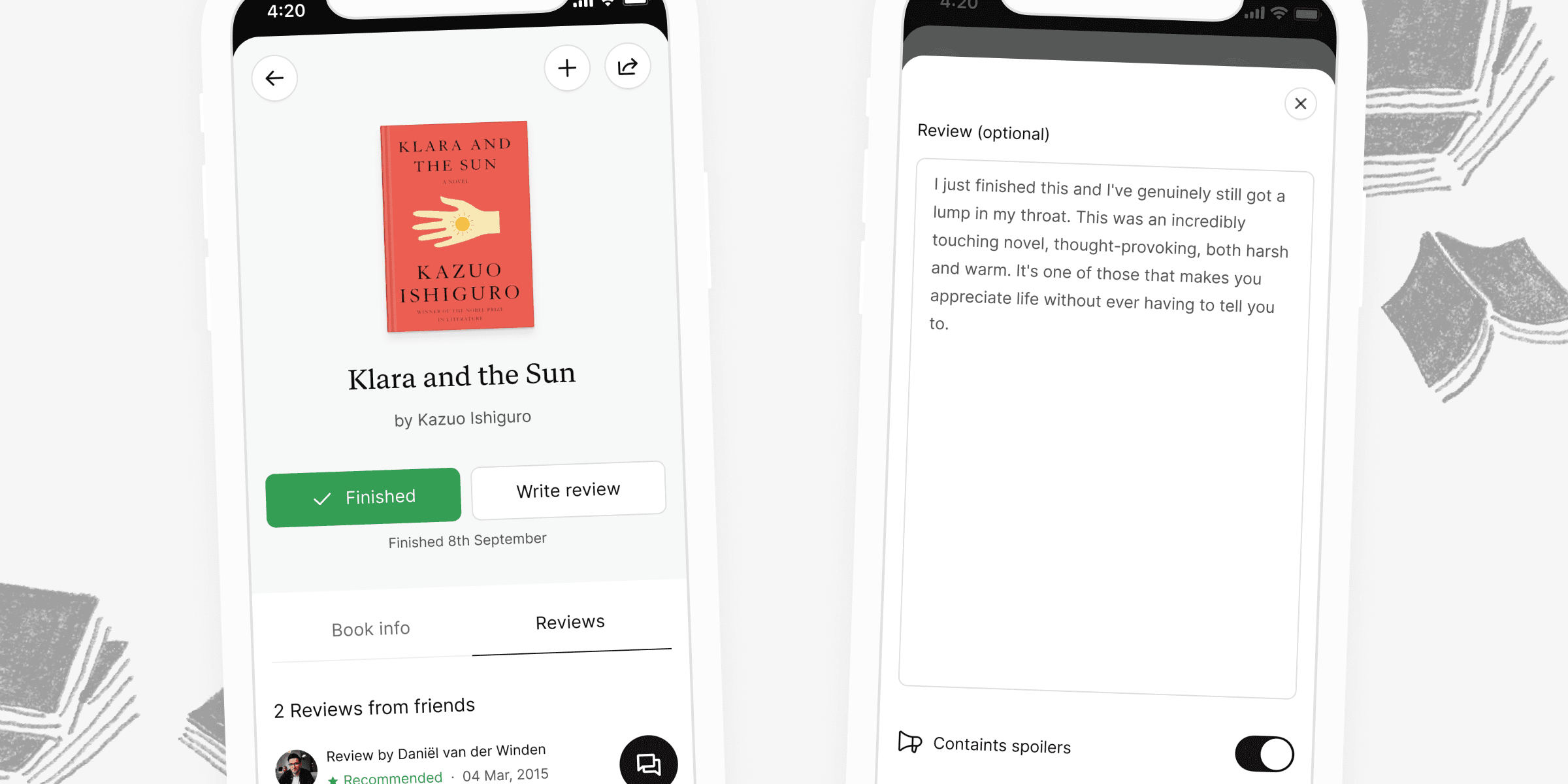 Two Screenshots of the mobile review experience. On the left we are reading a review, but on the right we are writing one of our own.